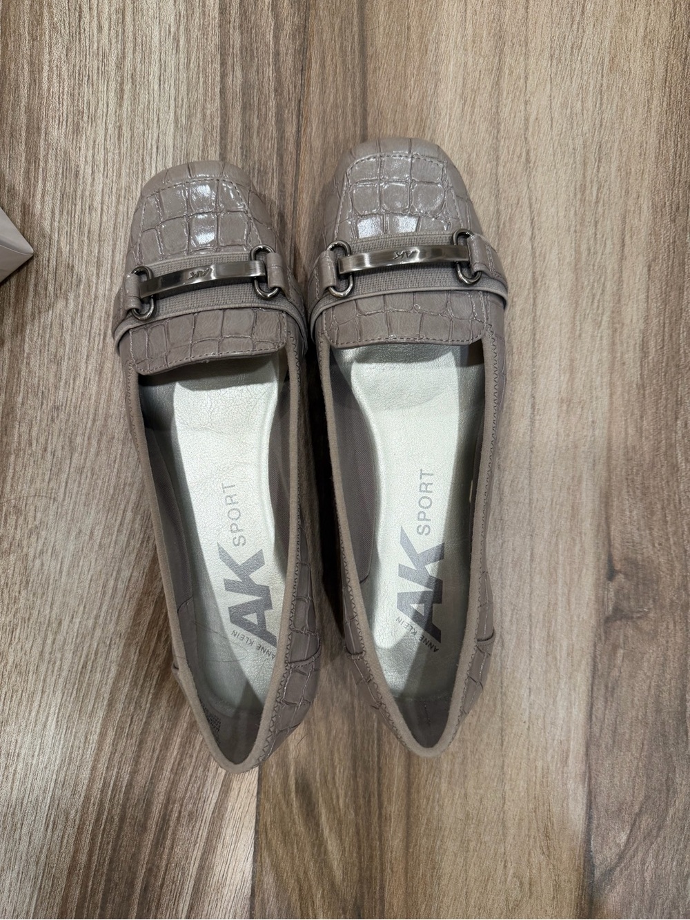 Anne Klein Sport Taupe Croc-Embossed Slip-On Loafers with Metal Bit